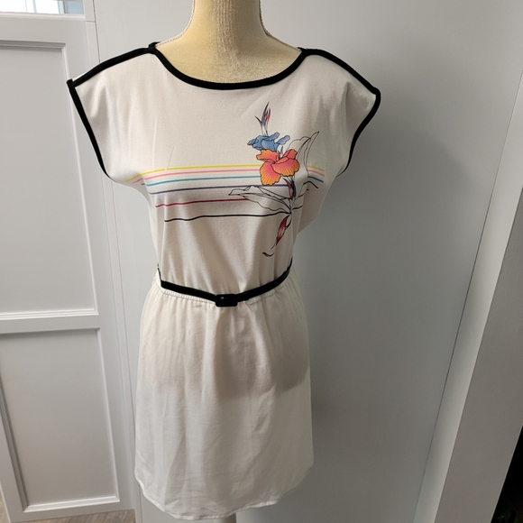 Times Up Le Temps Vintage Knit Dress White Floral Boatneck 70s 80s Size 9/10 - Picture 5 of 12